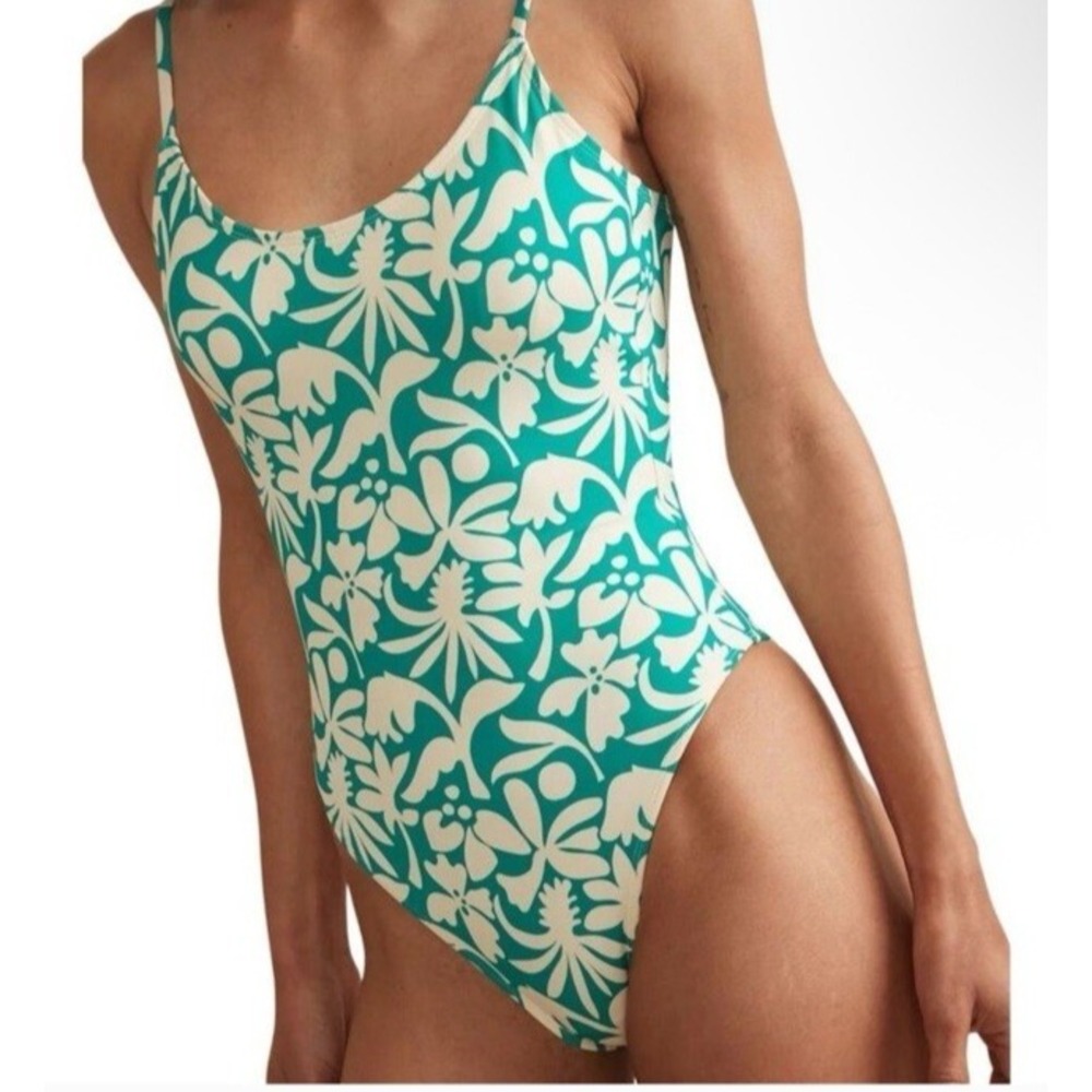 Marine Layer X  Andie Size Large Laguna 1 Piece Swimsuit Spruce Flora Scoop Back